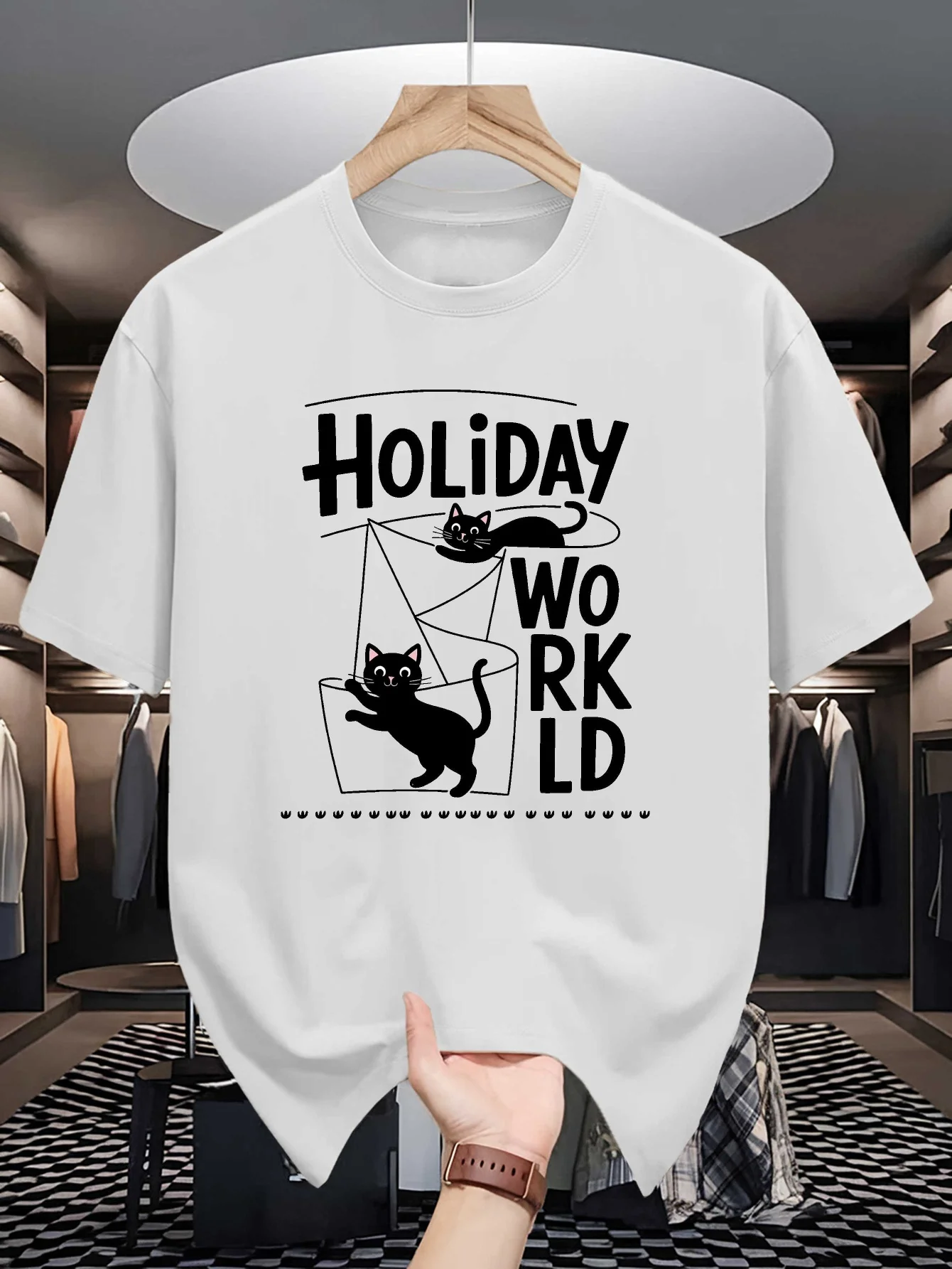 Mens Crew Neck T Shirt Holiday World Two Black Cats Cartoon Graphic Short Sleeve Casual Cotton Cat Lover Streetwear Tees