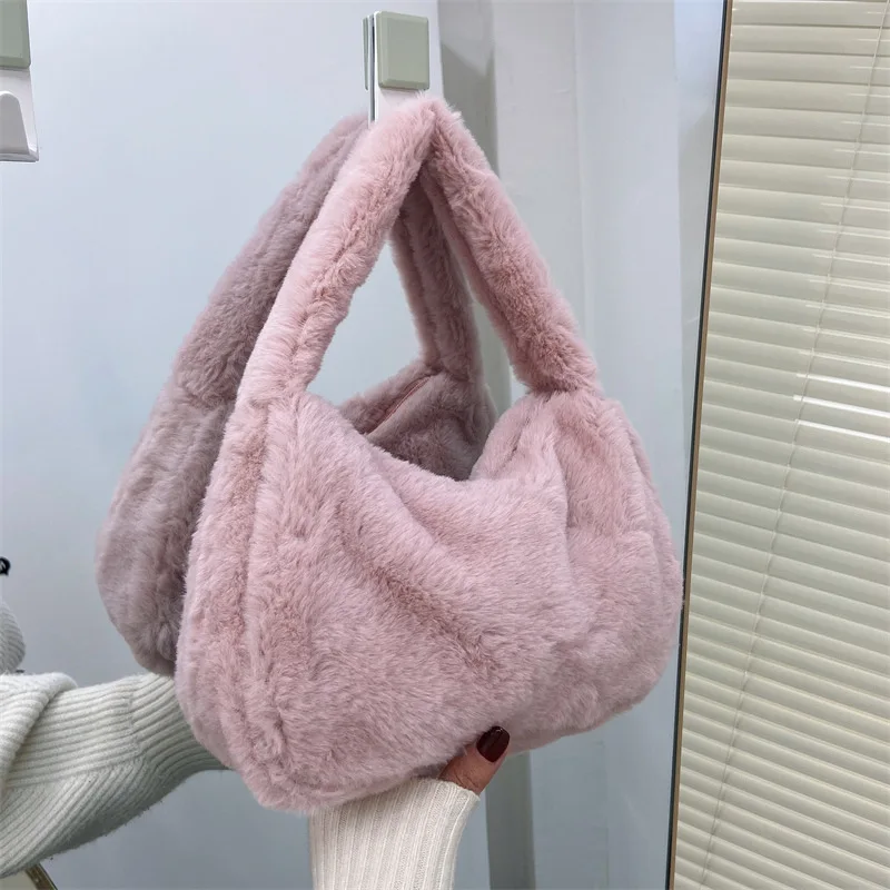 Women Plush Bag Fashion Autumn Winter Soft Elegant Lady Handbag Simple High Quality Shoulder Bags Solid Color Cute Underarm Bag