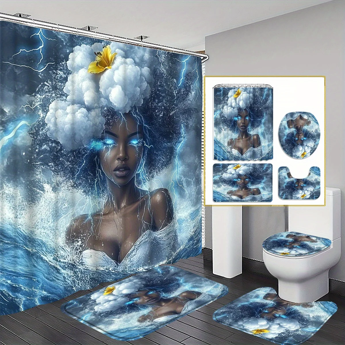 

4pcs European and American Dark Cloud Ocean Lightning Girl Pattern Shower Curtain Set Bathroom Curtain, Bathroom Decorative