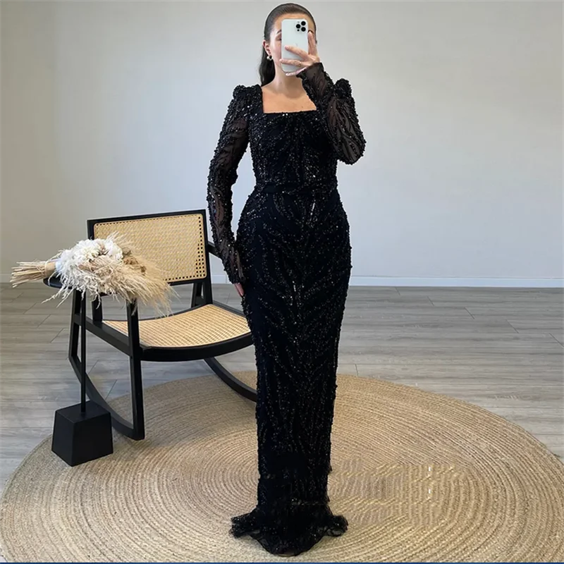 

Black Mermaid Elegant Woman's Evening Dress Customized Square Neck Long Sleeves Sequined Pageant Party Gown Prom Dresses