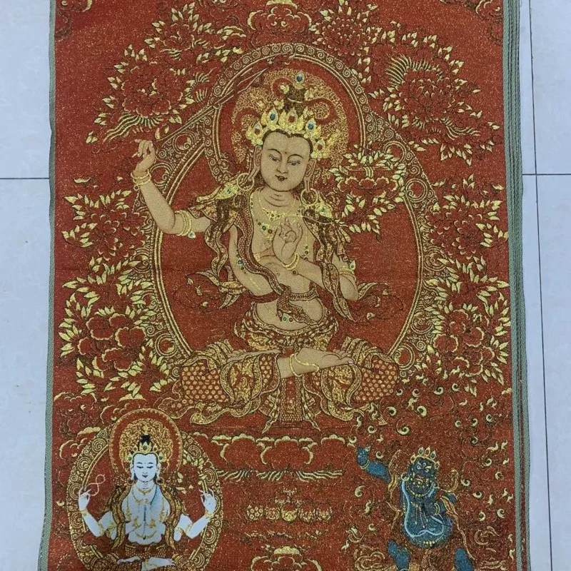 

35.4″ Manjusri Bodhisattva Statue Brocade Tibetan Tangka Embroidery Painting Gold Thread Embroidery Decorative Hanging Pictures