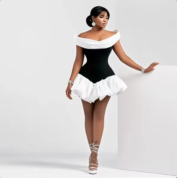 Robe de bal courte en Satin pour filles, épaules dénudées, noir et blanc, au-dessus du genou, robe de soirée pour Cocktail