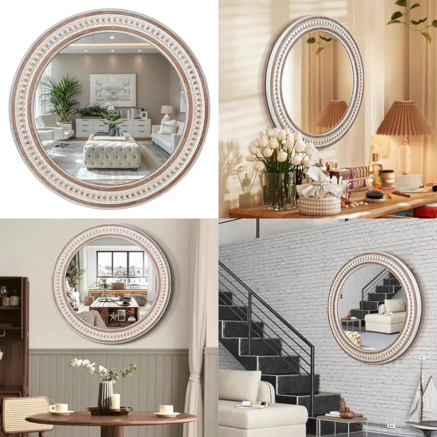 

24 Inch Rustic Round Wall Mirrors - Wooden Farmhouse Circle Mirror for Bathroom, Entryway, Bedroom, Living Room, Entryway Decor