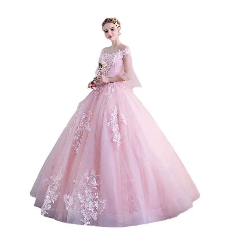 Lichtroze Quinceanera-Jurken Kant Geappliqueerd Van De Schouder Feestjurk Zoete Baljurk Klassieke Kanten Prom Dress Plus Size