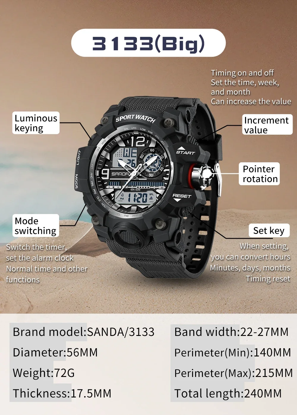 2024 SANDA 3133 G Style New Men's Watches 50M Waterproof Shock Sports Military Quartz Watch For Male Digital Wristwatch