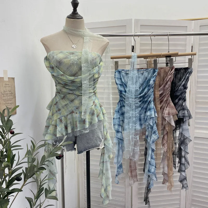 Lace Ribbon Patchwork Draped Neck Mesh Bandeau Top Asymmetrical Form Fitting Cropped Sleeveless Blouse Chic Outfits 8158