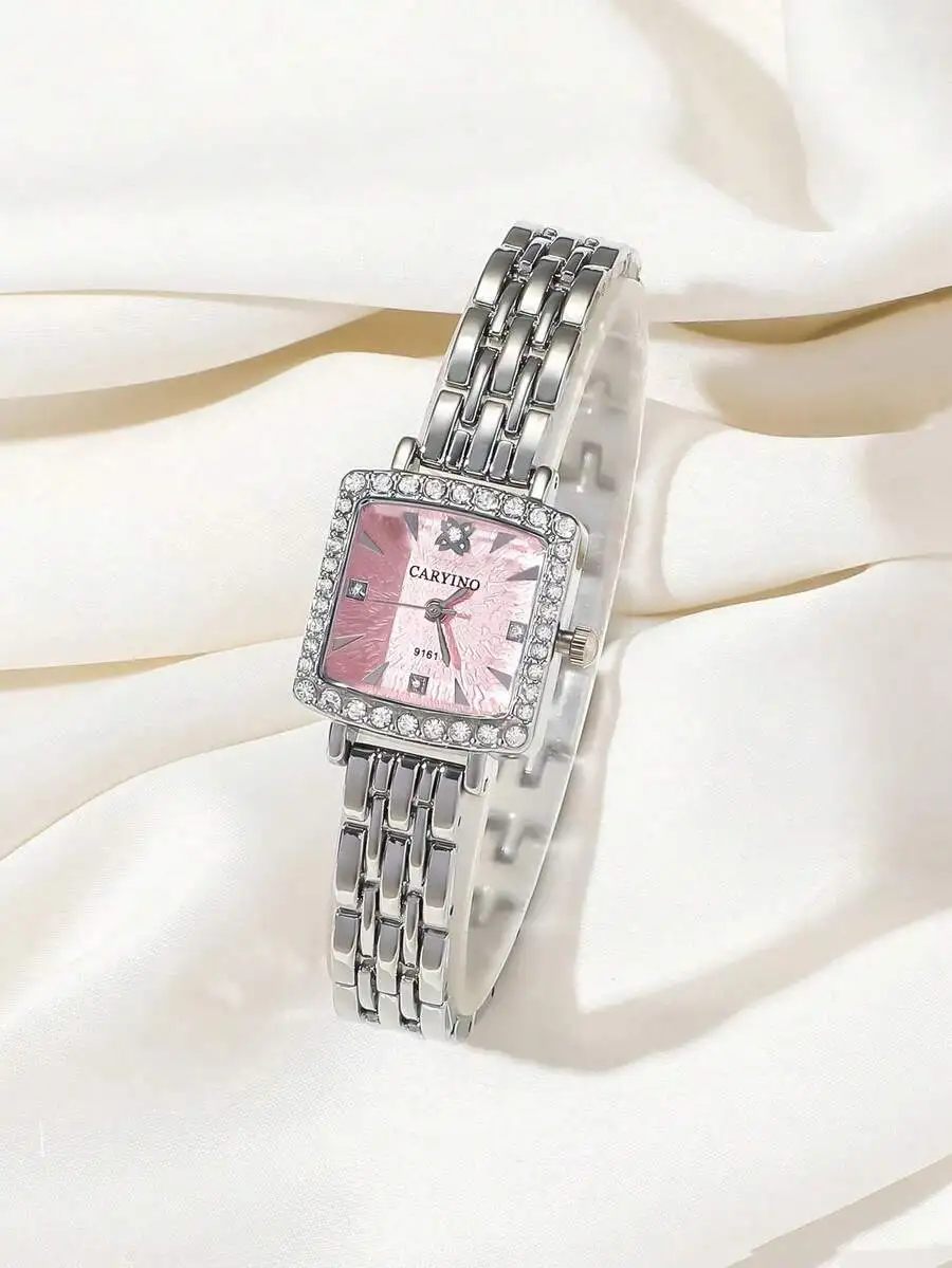 1pc CARYINO Women's Stainless Steel Square Silver Watch Band. Classic Elegant, Versatile And Refined, Inlaid With Diamonds