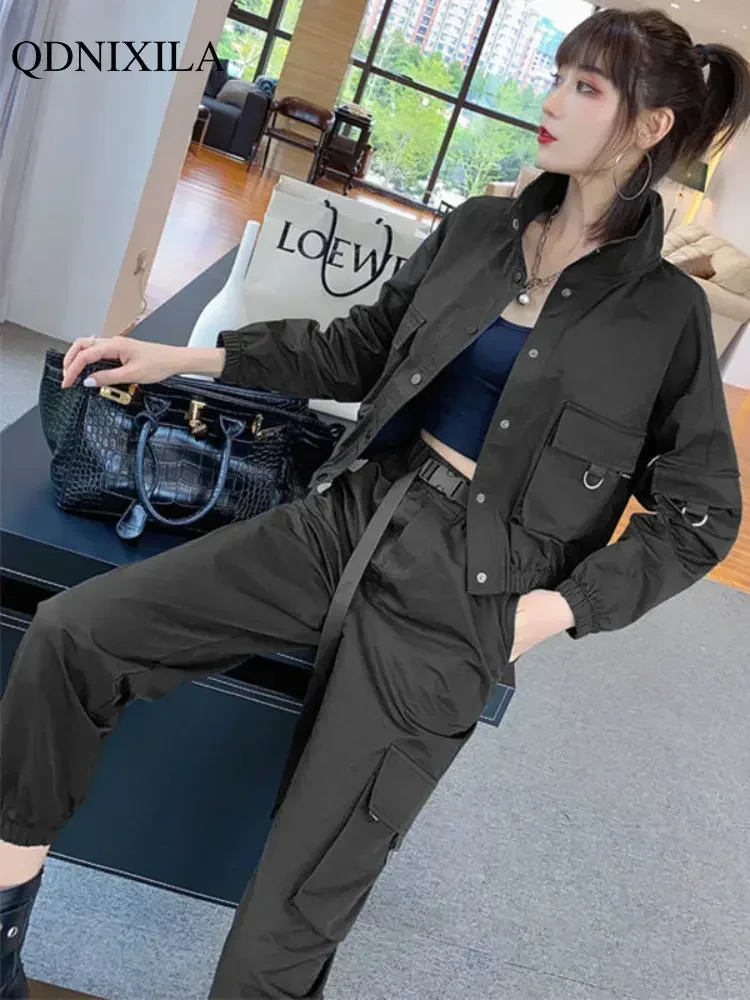 2024 New Korean Women Pants Sets Cargo Black Elegant Matching Sets Sports Tracksuit Women\'s Suit Trousers 2 Piece Sets Outfits