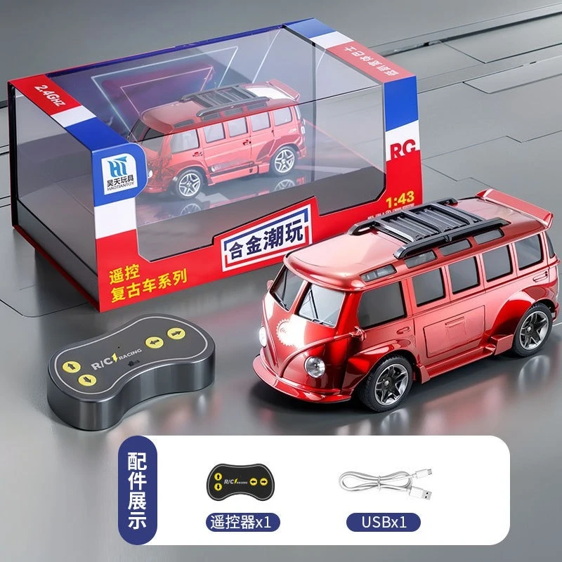 

1:43 T1 Bus Remote Control Car With Lights Retro Design Rechargeable Mini RC Car Alloy Vehicle for Kid Toy Gift