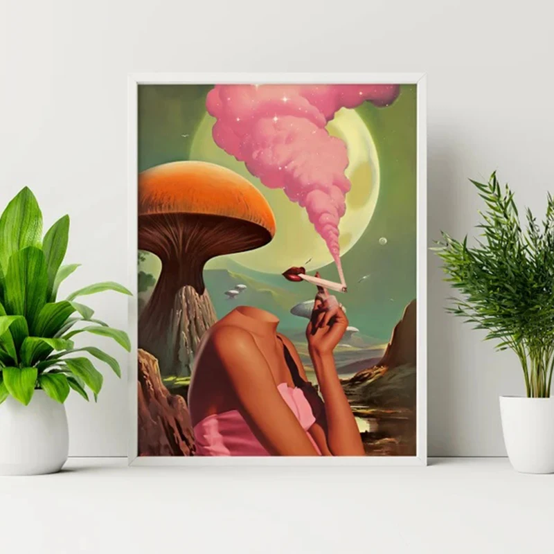 

Ретро-сюрреалистический постер с НЛО, грибами и психоделиками, картина на холсте, настенный декор для дома и комнаты