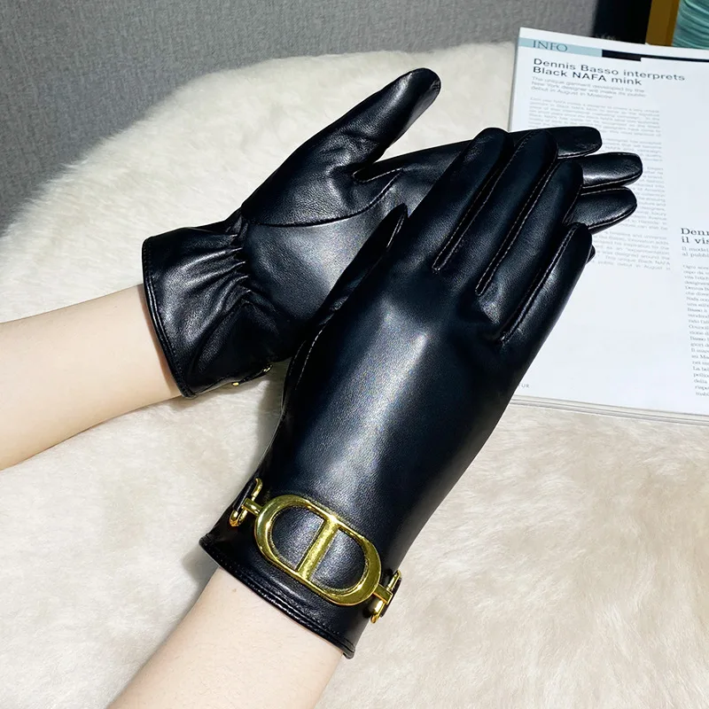 Gant en cuir véritable de mouton naturel pour femme, avec boucle dorée, à la mode, épais et chaud, pour la conduite, R1431