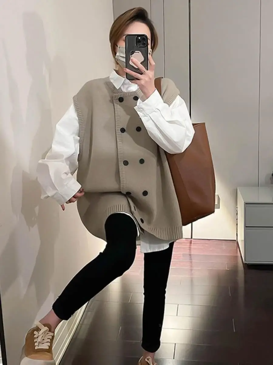 

Весенний вязаный жилет с двойными пуговицами, свободный крой, универсальная верхняя одежда, женский модный жилет из шелковой смеси для ранней весны 2026 года