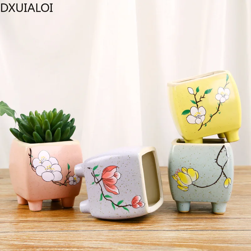 Square Succulent Flower Pot with Foot Ceramic Flower Pot Desktop Potted Simple Breathable Plant Flower Pot Home Decoration