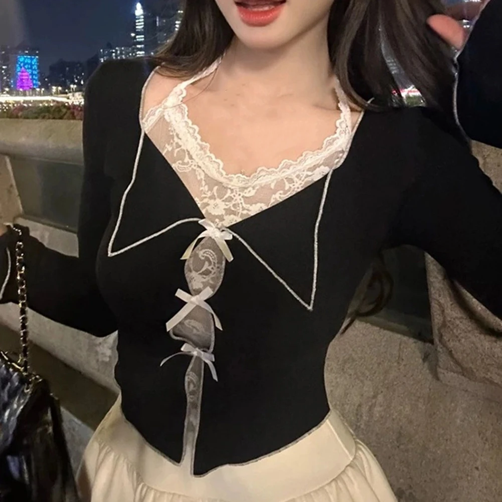 

Повседневная одежда, повседневная кружевная футболка с открытой спиной, искусственный топ из двух частей, модная женская футболка черного цвета контрастных цветов