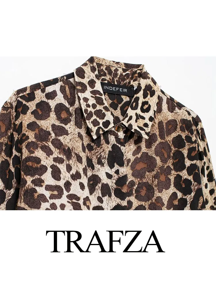 TRAFZA-camisa Vintage con estampado de leopardo para Mujer, Top de manga larga con cuello vuelto, elegante, de un solo pecho, de verano