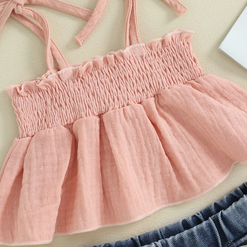 

Toddler Kids Baby Girls Summer Outfits Tie-up Pleated Ruffle Camis Tops with Ripped Denim Shorts Set