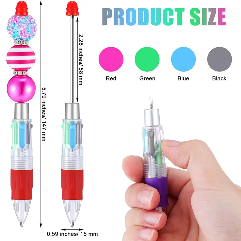 Upgraded 12 Pcs Multicolor Beadable Pens 4In1 Colored Beads Pen Retractable Ballpoint Pens For DIY Making Kit Students Children
