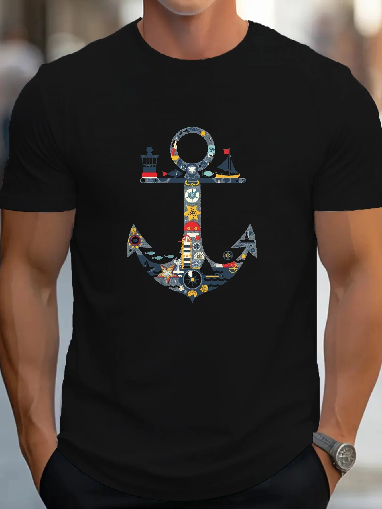 

Anchor pattern design -100% cotton summer O-neck short sleeve casual printed T-shirt.