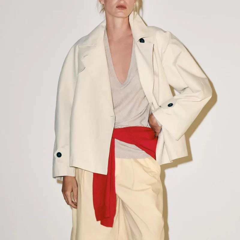 Early Autumn 2026 Women's Casual Long Sleeve High Collar Cotton Weave Short Coat Jacket British Style Ladies Fashion