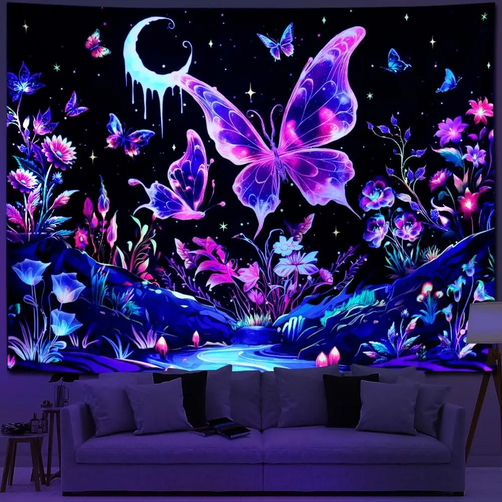 

Blacklight Butterfly Tapestry UV Reactive Floral Plant Tapestries Trippy Nature Landscape Wall Tapestries Mysterious Sta
