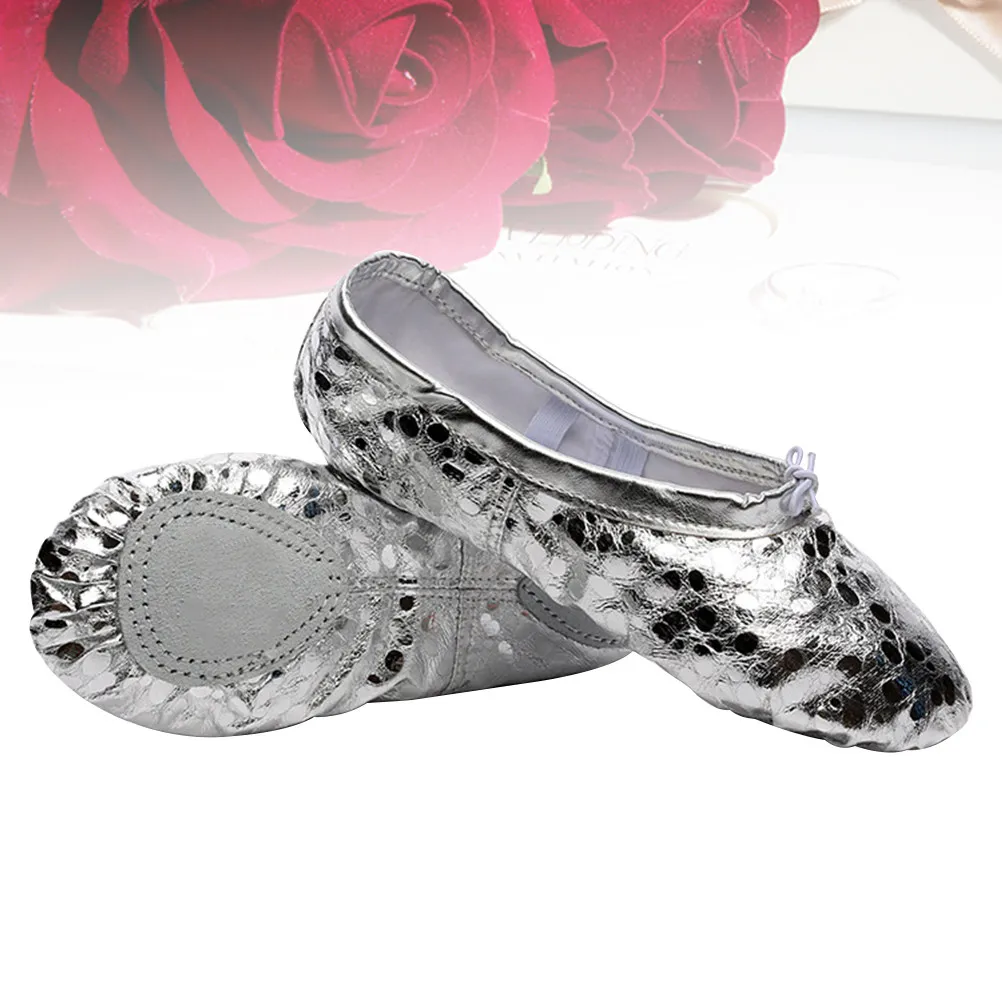 Kids Dance Shoes Ballet Flats PU Shiny Surface Flexible Split Sole Non Slip Suede Bottom Easy Stretch Belt Fit Size 25