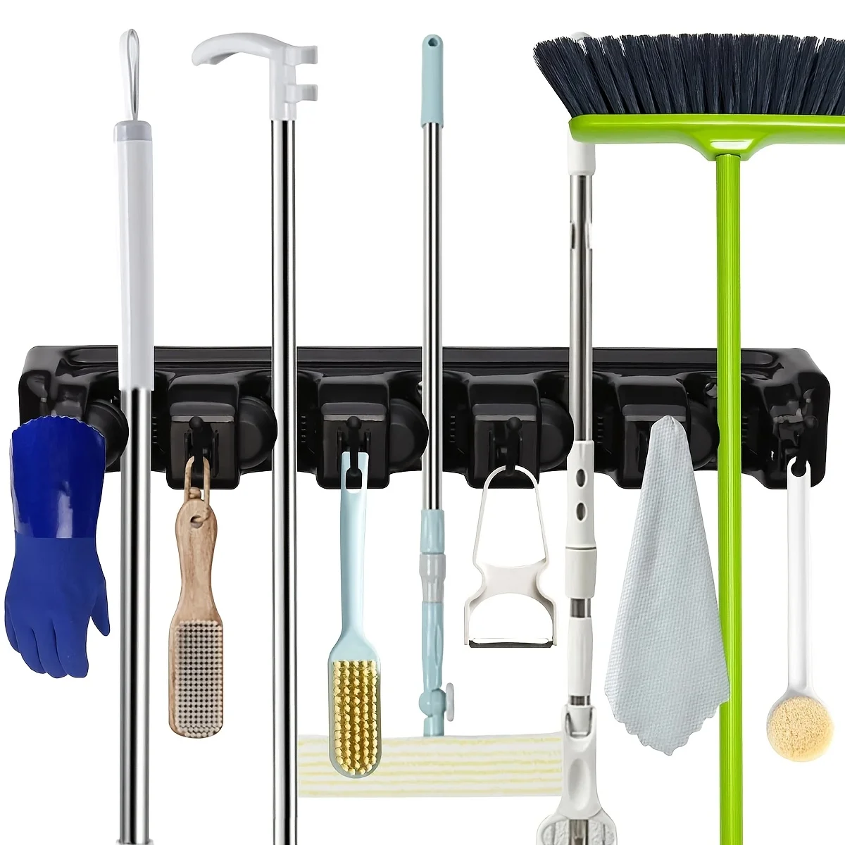 Broom Holder & Wall Mount Garden Tool Organizer, Home Laundry Room, Kitchen, Closet, Shed, Garage Organization 5 Slots & 6 Hooks