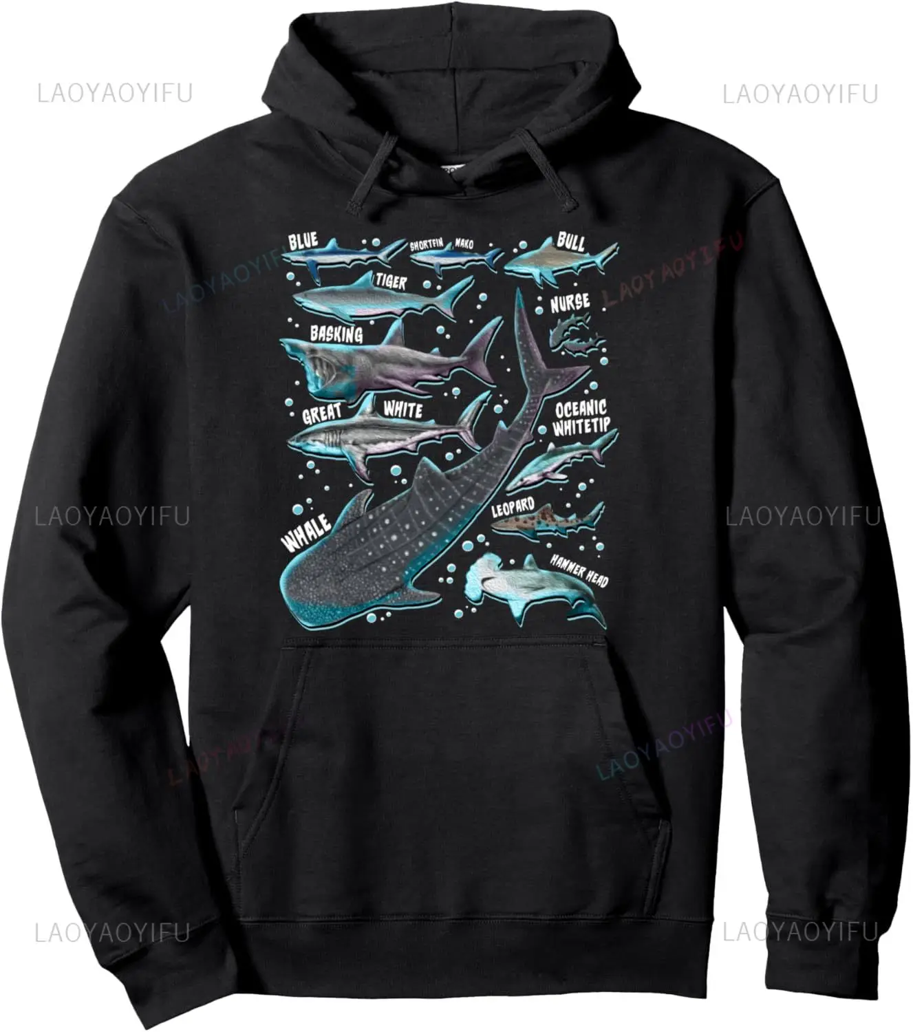 Unisex Shark Species & Faces Print Hoodie Pullover Marine Biology Gift Casual Sweatshirt for Men Women Birthday Gift