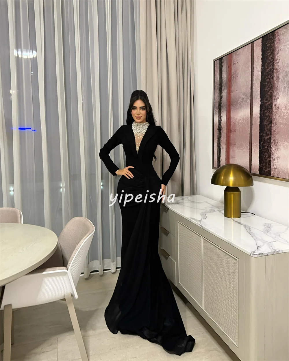 Customized High Quality Intricate Chiffon Rhinestone Pleat Mermaid High Collar Long Dresses Bespoke Occasion Dresses Elegant