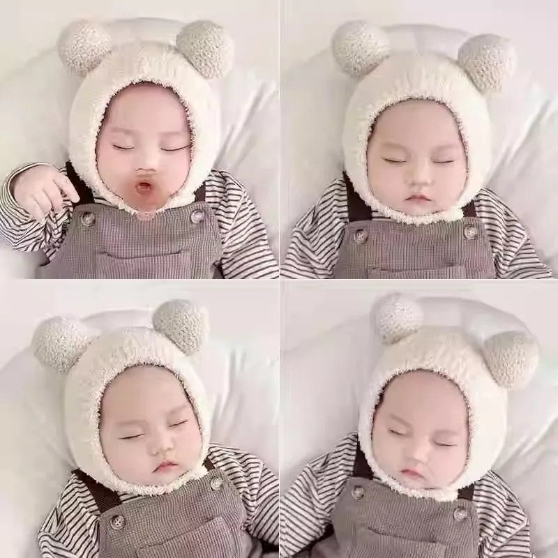 Simpatico cappello da bambino con doppia pompon, berretto di protezione per le orecchie da bambino, berretti invernali caldi per neonati, ragazze, paraorecchie