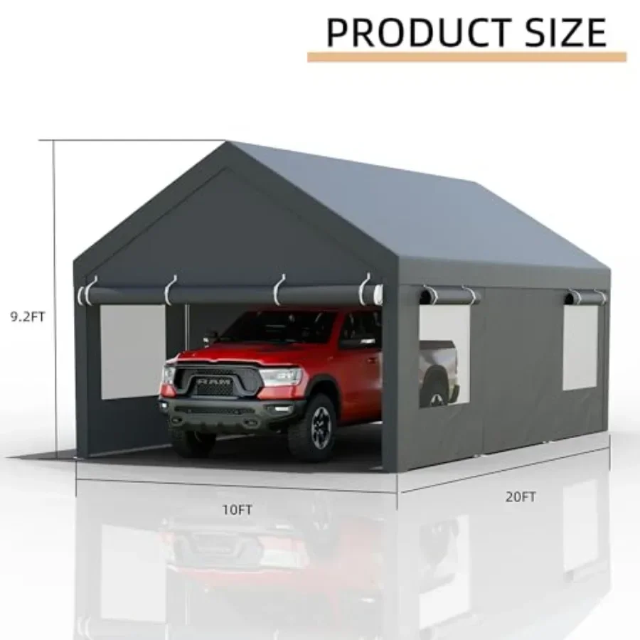 Heavy Duty Carport for Cars Trucks Boats, Grey Steel Frame with All-Season Tarp, Removable Side Walls Doors and Roll-Up Window,