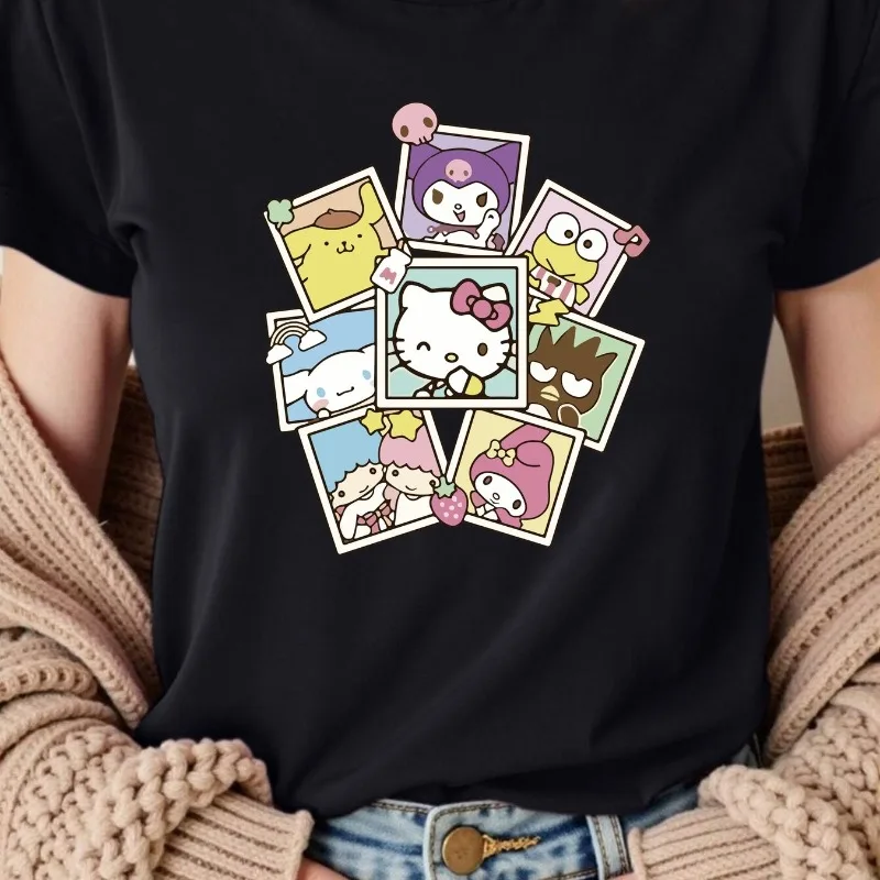 

2025 Sanrio Hello Kitty Kuromi Cute Loose Women's Printed T-shirt Loose Cotton Y2K Casual Multi Functional Short Sleeve Top