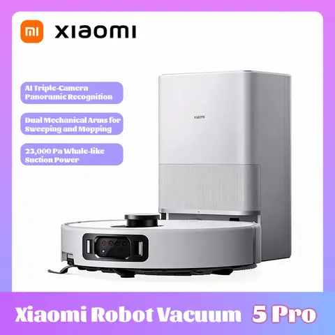 Aspirateur robot Xiaomi 5 Pro, appels vidéo HD unidirectionnels, identification IA par trois caméras, réglage de la hauteur LDS, puissance maximale de 23000 Pa