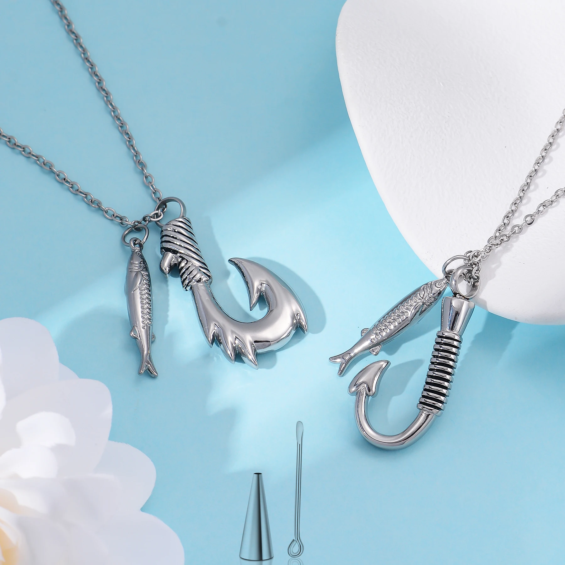 

Dropshipping Stainless Steel Urn Necklace Fish hook Cremation Urn Pendant Fishing in heaven Memorial Jewelry