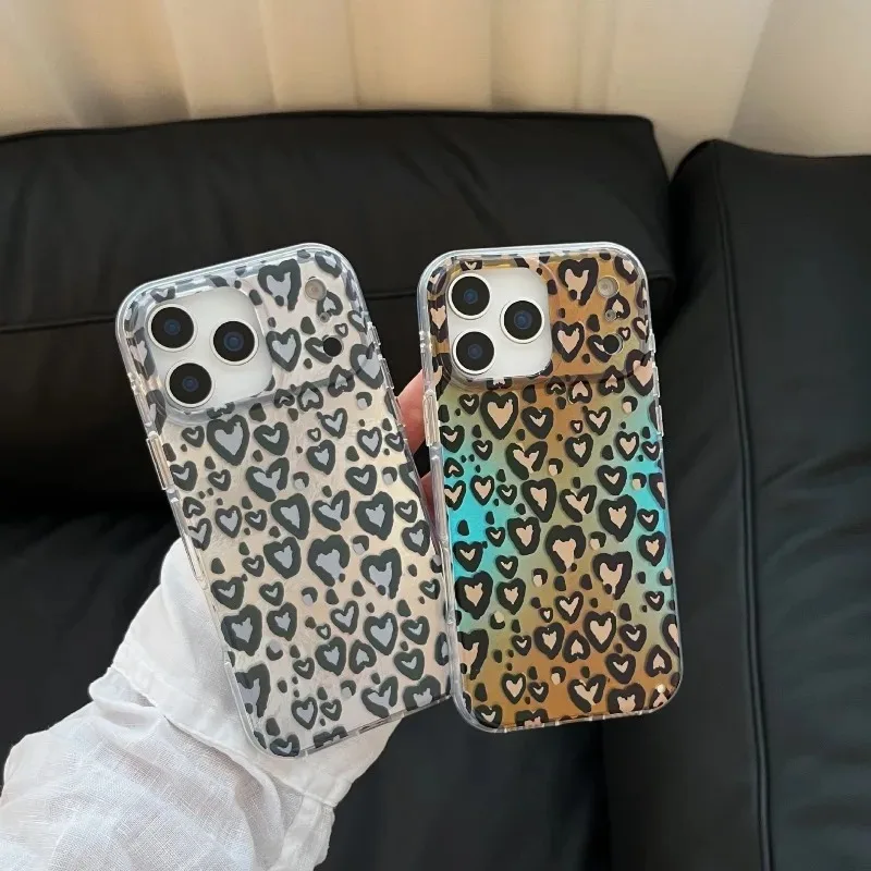 

Love Heart Laser Leopard Print Laser Phone Case For IPhone 14 15 16 17 Pro Max 13 Cute Luxury Brown Leopard Protective Cover