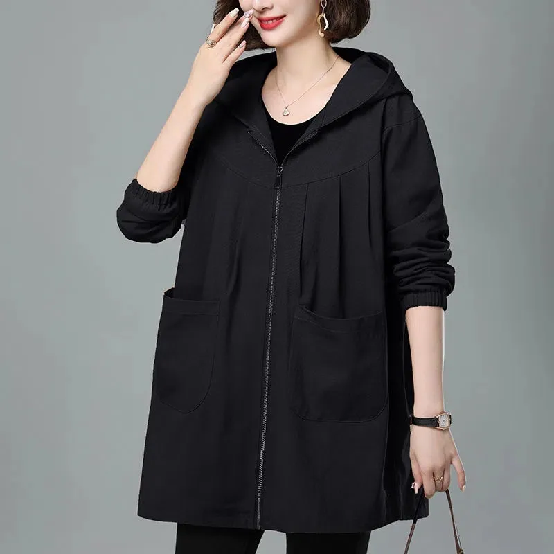 Double Layer Women Windbreaker 2023 New Spring Autumn Loose Mid-Length Hooded Trench Coat Mother Fashion Cotton Lining Tops 4XL