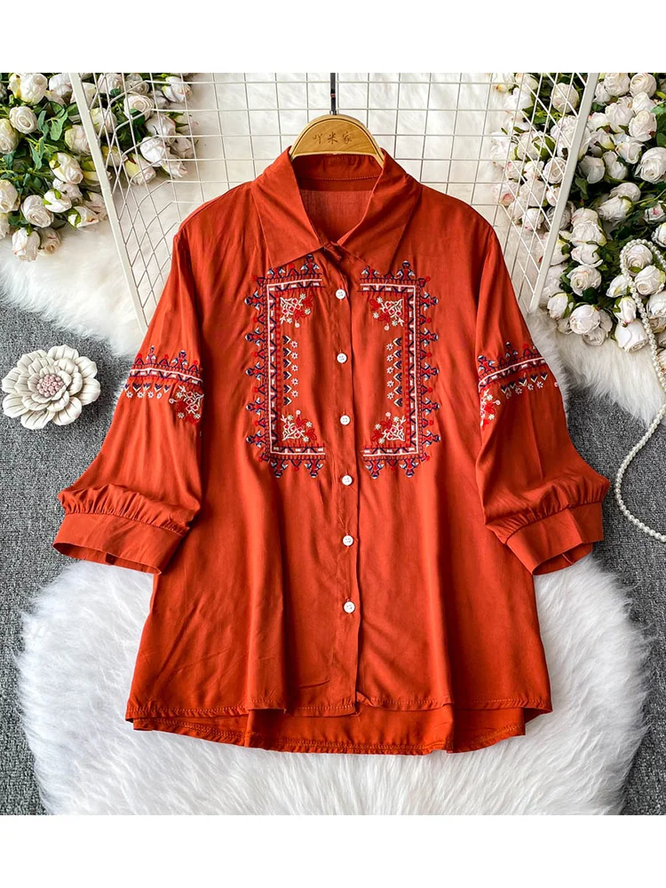 

Women's Spring Shirt Ethnic Style Retro Artistic Embroidery Lapel Lantern Sleeve Top Design, Loose Single Breasted Shirt BL166