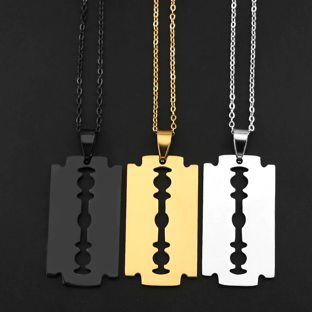 Hiphop Razor Blade Pendant Necklace Men Gothic Punk Stainless Steel Male Knife Double Edge Razorblade Shaver Shape Chain Jewelry