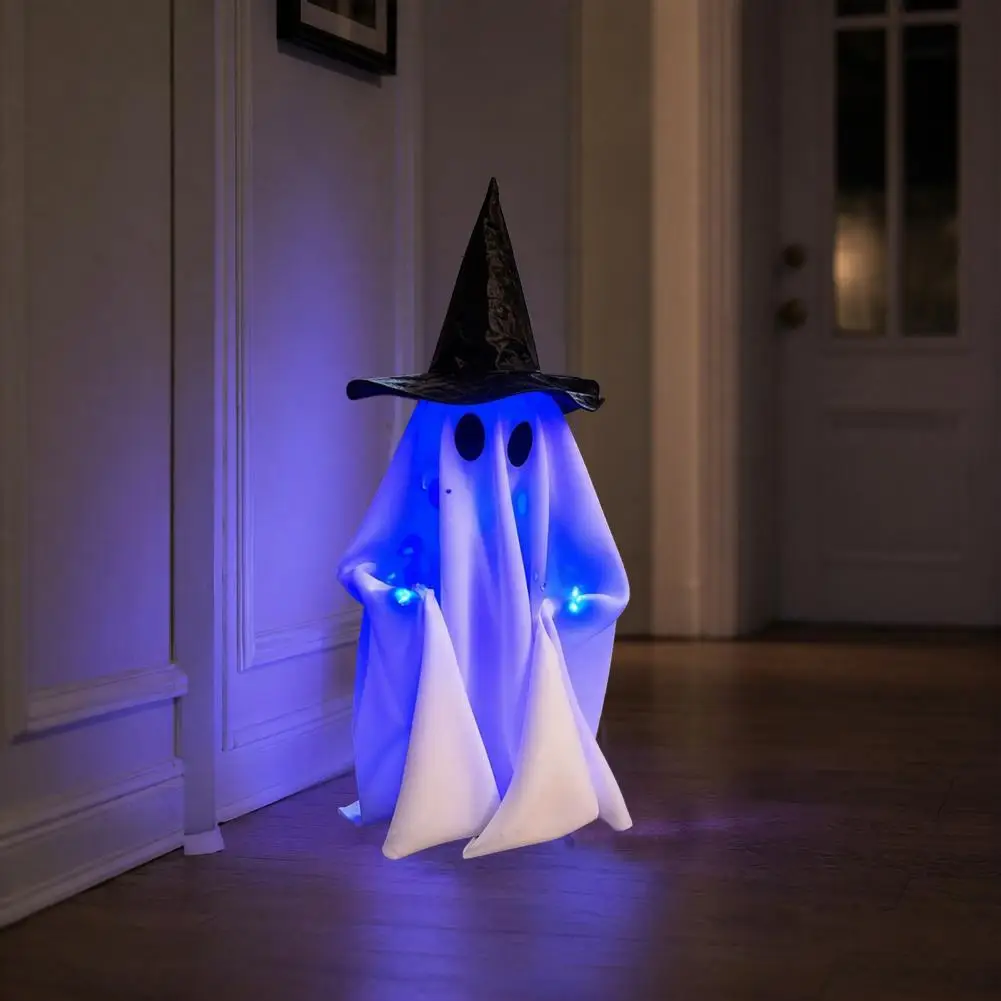 Halloween Walking Ghost Decoration with Sound, Witch Hat Animated Prop, Light Up Talking Haunted House Decor for Party