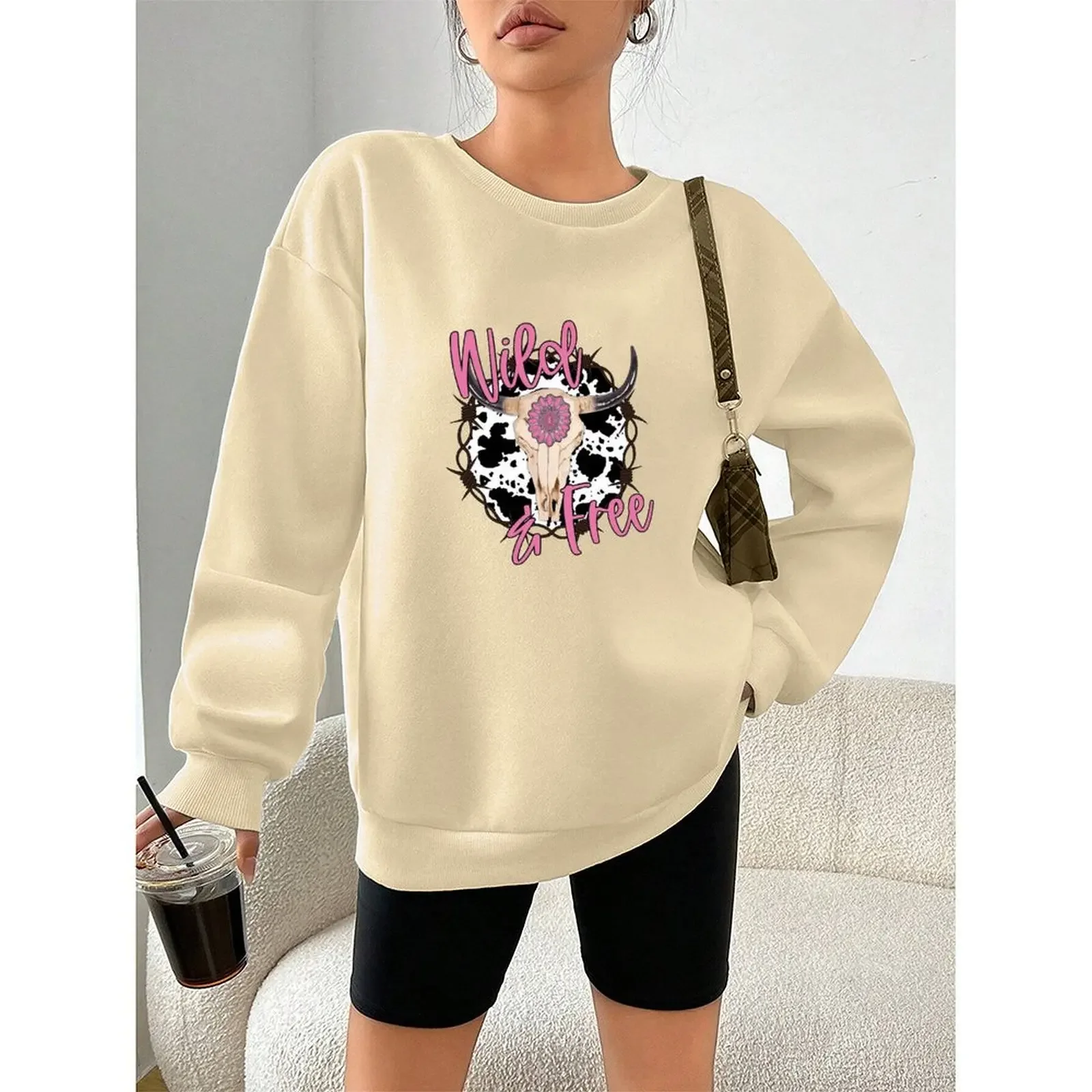 

Women O Neck Long-sleeved Velvet Winter Casual Fashion Cowgirl Style Cow Skull Print Sweatshirt Pullovers Autumn Woman Clothes
