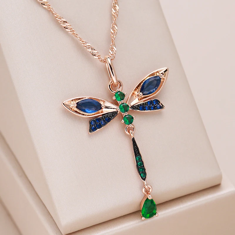 Kinel Hot Blue Natural Zircon Dragonfly Pendant Necklace For Women 585 Rose Gold and Black Plating Vintage Daily Fine Jewelry