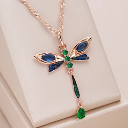 Kinel Hot Blue Natural Zircon Dragonfly Pendant Necklace For Women 585 Rose Gold and Black Plating Vintage Daily Fine Jewelry