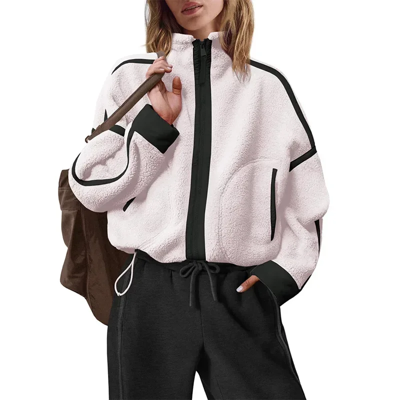 Women Full Zip Sherpa Fleece Jacket Contrast White Strip Stand Collar LongSleeve Drawstring Hem Loose Warm Winter Outerwear Coat