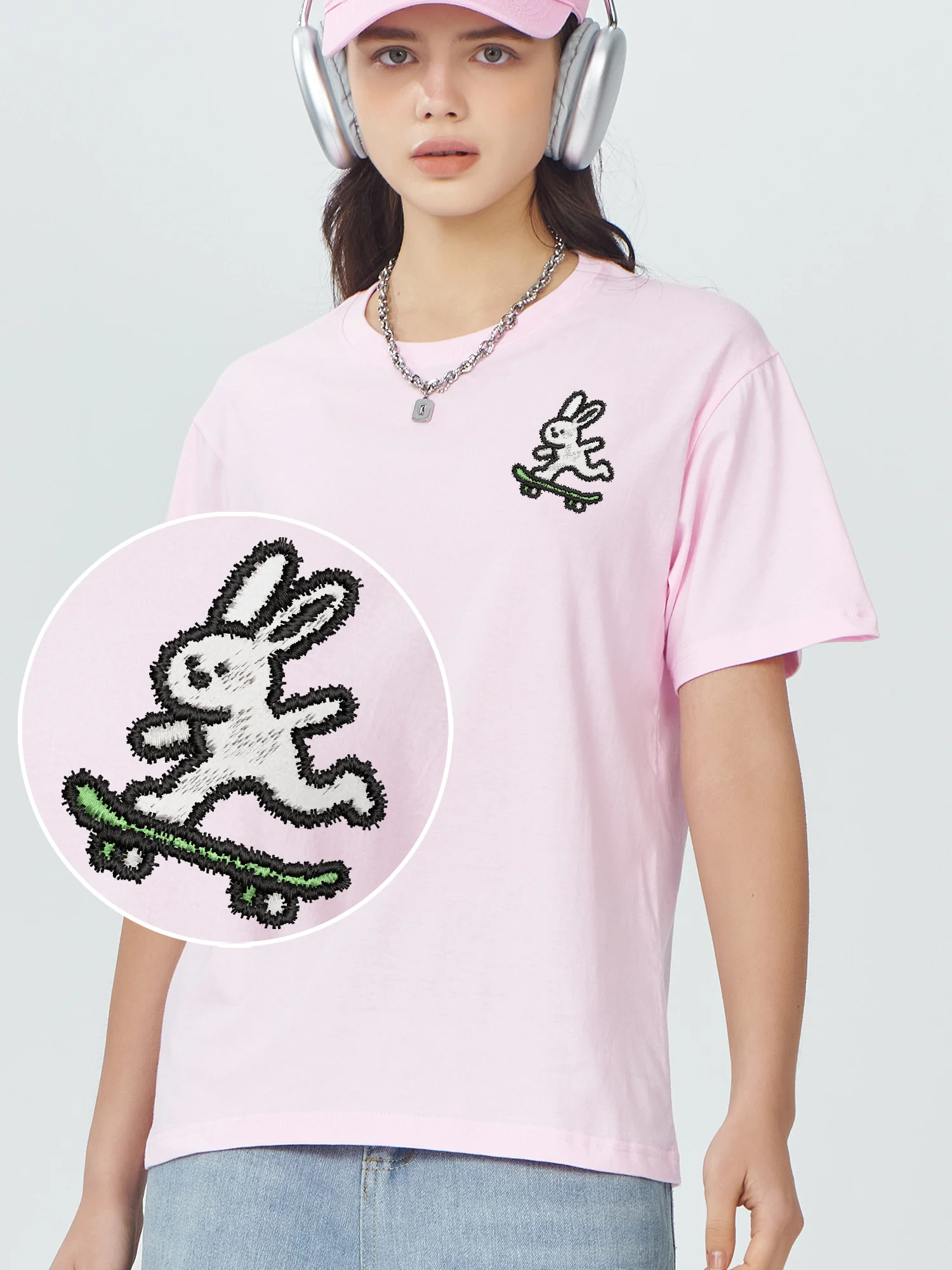 Cute Rabbit Skateboarding Embroidered Tshirts Casual Fashion Unisex Crew Neck Embroidery Short Sleeve Cotton Tees
