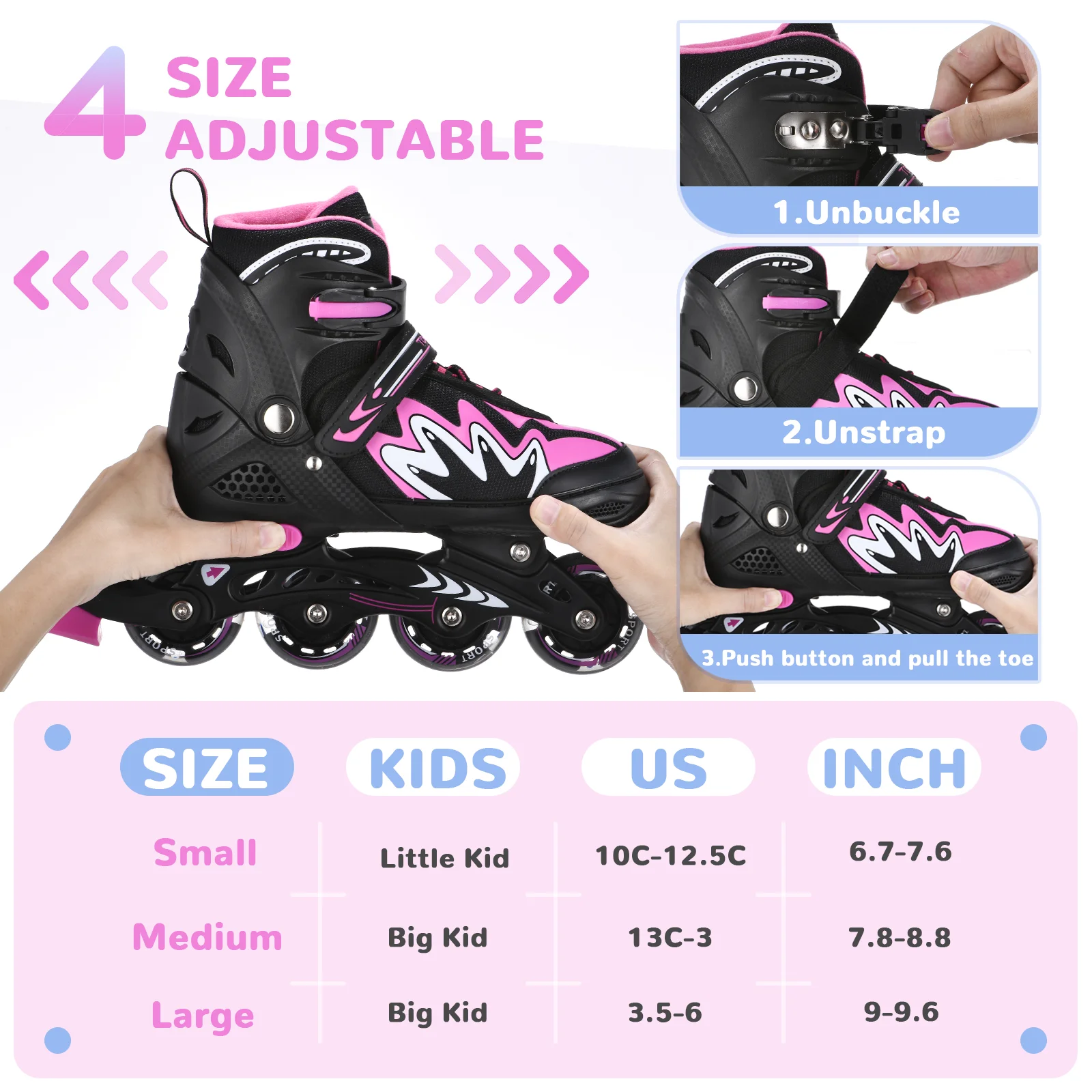 Inline-Skateschuhe für Kinder, verstellbare Rollschuhe mit leuchtenden Rädern, sicheres Dreifachverschlusssystem für Mädchen und Jungen – Detail 6