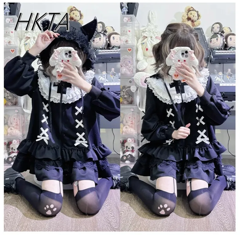 Origineel ontwerp Y2k Sweet Cool Sweatshirt Jas Lente Nieuwe Gothic Lange Mouw Zwart Witte Hoed Hoodies Lolita Meisjes Hoodie Jas