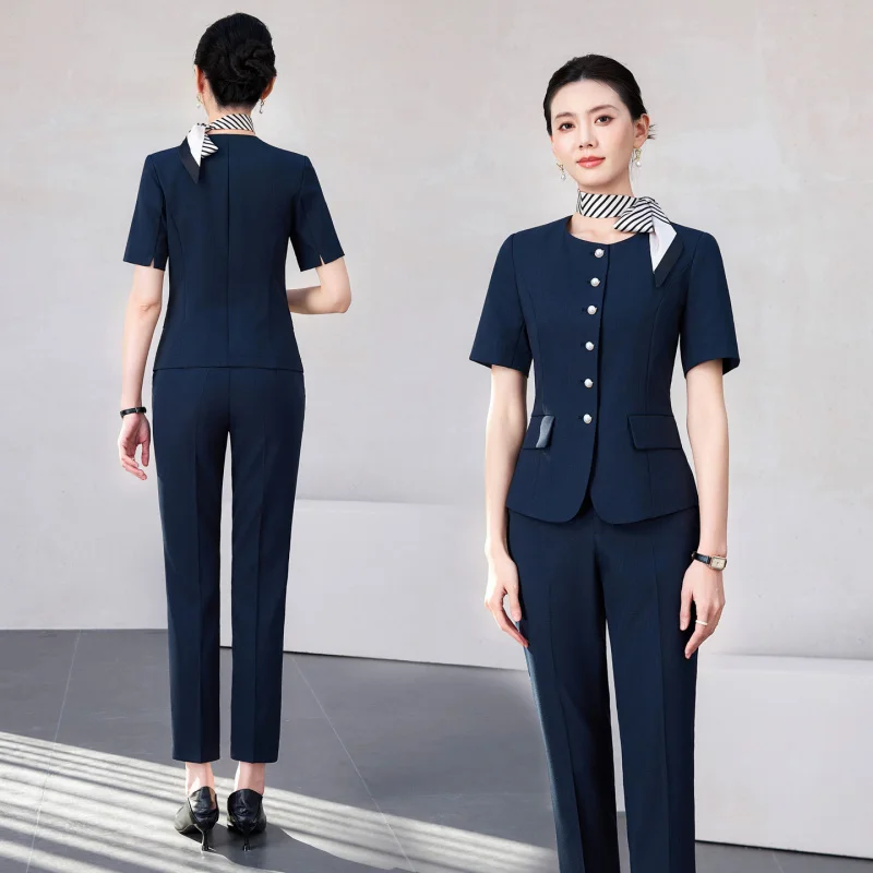 Women's Short-Sleeve Suit Set for Summer, Lightweight Professional Skirt Suit for Hotel Front Desk, Jewelry Store, Beauty Salon