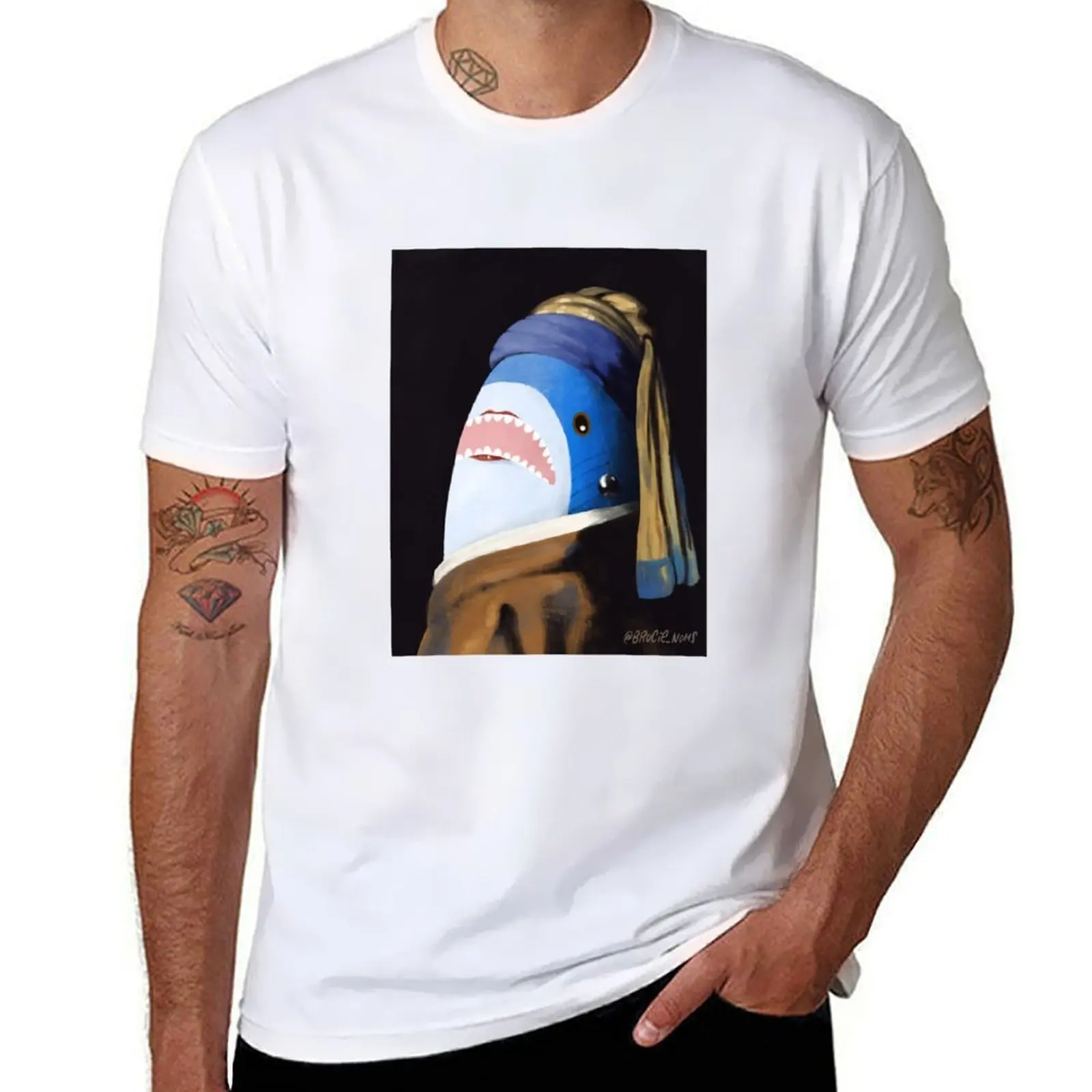 

The Blahaj with a Pearl Earring T-Shirt man tshirt cotton tshirt 100% T-Shirt