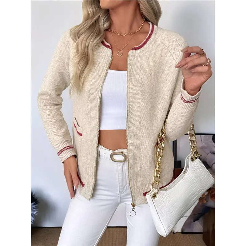 Cardigan For Women Color Blocked Fall Fashion Button Down Sweaters Winter Coats With Pockets-ABQU