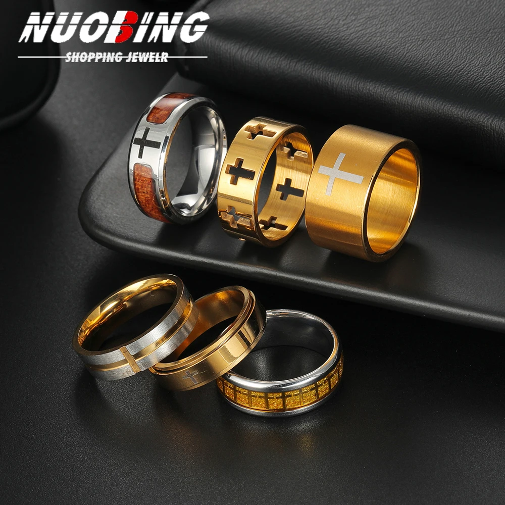 Classic Cross Stainless Steel Love Ring Women Men Hollow Cutting Free Rotation Anxiety Lnlaid Wood Luxury Jewelry Wedding Gift ﻿