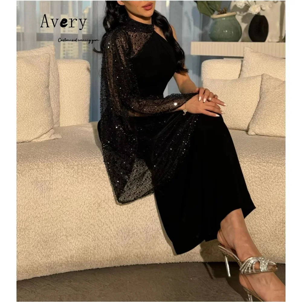 Avery Custom Schwarz Glänzend Fischschwanz Off-Schulter Luxus Damen Abendkleider Elegantes Party Abendkleid 2025, Ballkleid Kleider